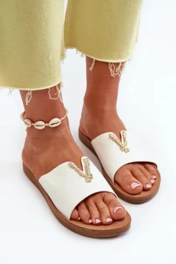 Sale Boto Klapki Damskie Na Płaskiej Podeszwie Z Ozdobą Eko Skórzane Białe Makia