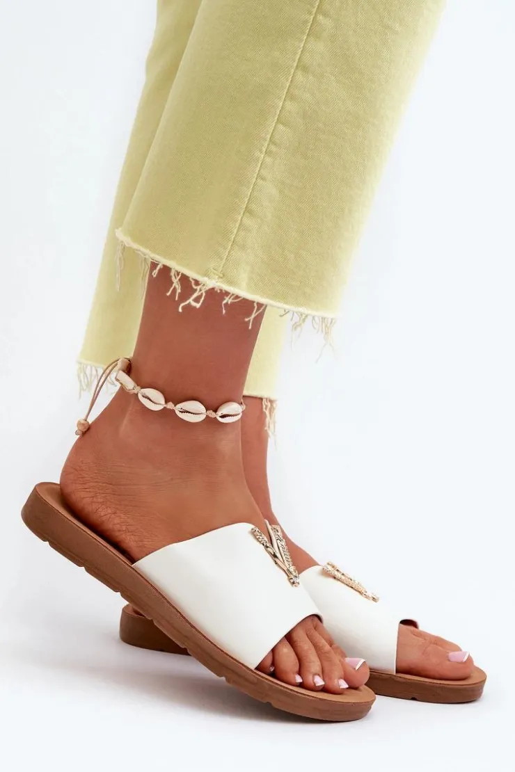 Sale Boto Klapki Damskie Na Płaskiej Podeszwie Z Ozdobą Eko Skórzane Białe Makia