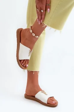 Sale Boto Klapki Damskie Na Płaskiej Podeszwie Z Ozdobą Eko Skórzane Białe Makia