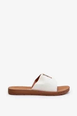 Sale Boto Klapki Damskie Na Płaskiej Podeszwie Z Ozdobą Eko Skórzane Białe Makia