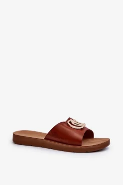 Boto Klapki Damskie Klasyczne*Klapki Damskie Na Płaskiej Podeszwie Z Ozdobą Brązowe Amoonia