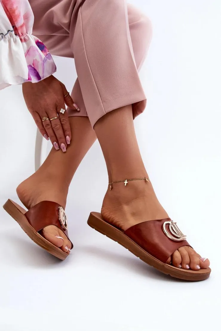 Boto Klapki Damskie Klasyczne*Klapki Damskie Na Płaskiej Podeszwie Z Ozdobą Brązowe Amoonia