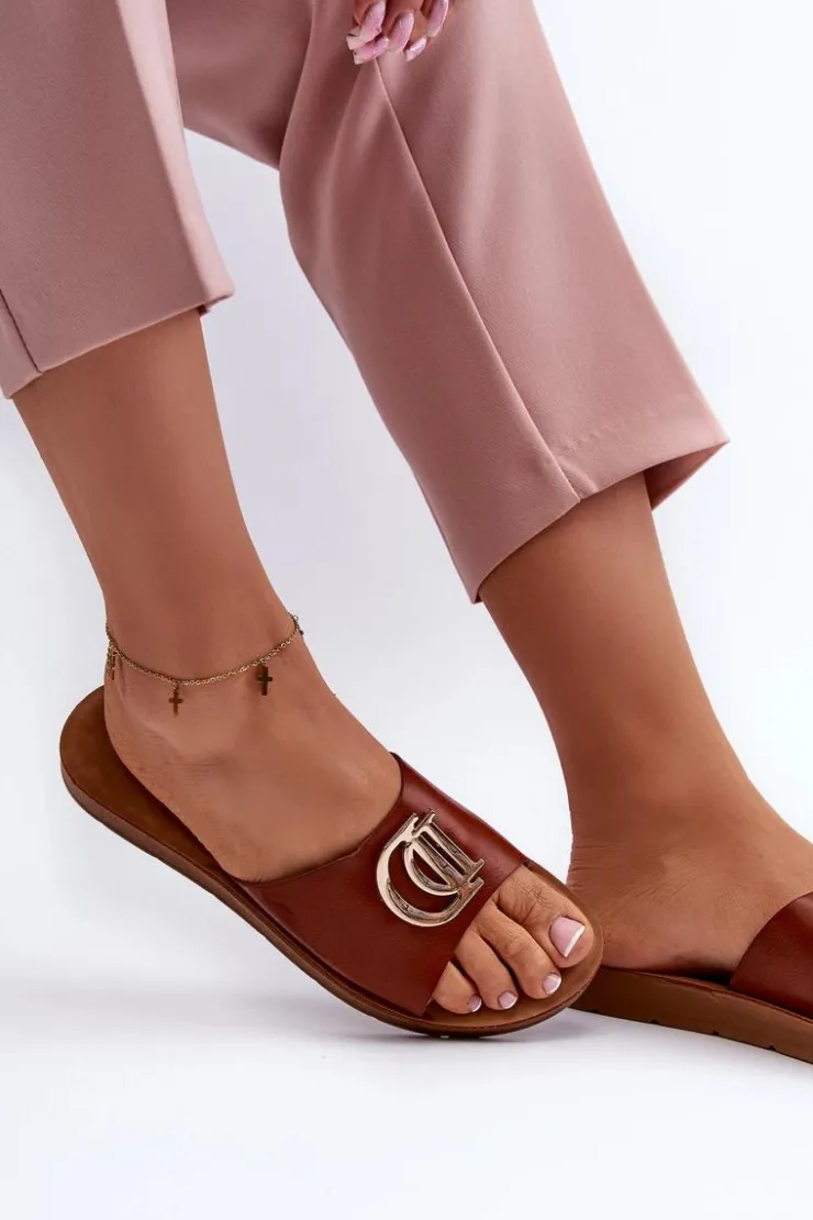 Boto Klapki Damskie Klasyczne*Klapki Damskie Na Płaskiej Podeszwie Z Ozdobą Brązowe Amoonia