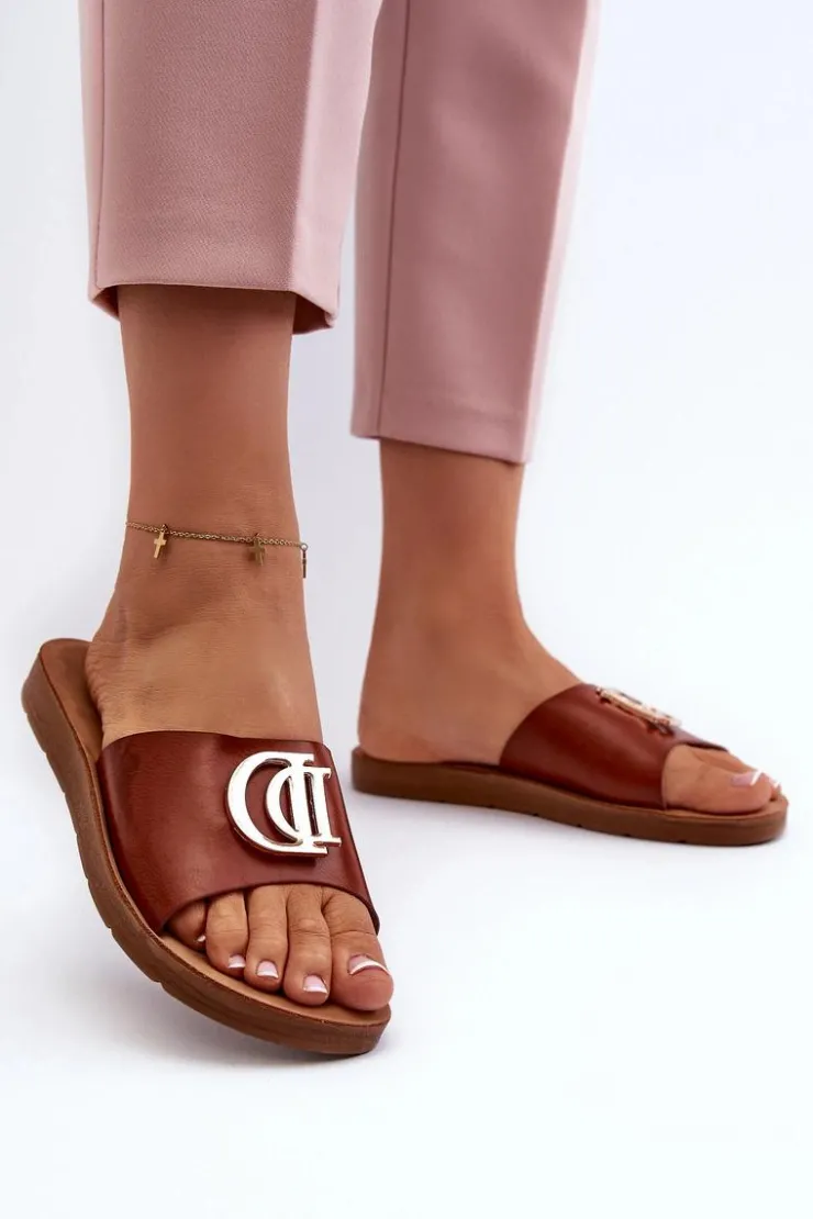 Boto Klapki Damskie Klasyczne*Klapki Damskie Na Płaskiej Podeszwie Z Ozdobą Brązowe Amoonia