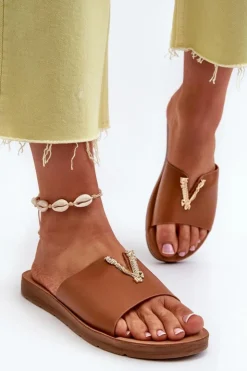 Boto Klapki Damskie Klasyczne*Klapki Damskie Na Płaskiej Podeszwie Z Ozdobą Eko Skórzane Brązowe Makia