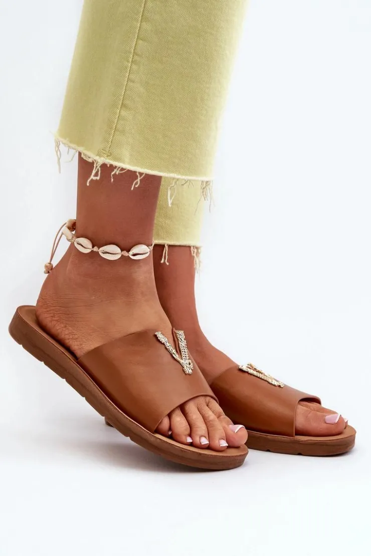 Boto Klapki Damskie Klasyczne*Klapki Damskie Na Płaskiej Podeszwie Z Ozdobą Eko Skórzane Brązowe Makia