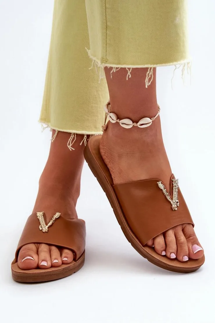 Boto Klapki Damskie Klasyczne*Klapki Damskie Na Płaskiej Podeszwie Z Ozdobą Eko Skórzane Brązowe Makia