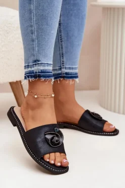 Online Damskie buty S.Barski Klapki Damskie Na Płaskim Obcasie Z Ozdobnym Detalem KV51-007 Czarne Czarny