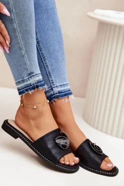 Online Damskie buty S.Barski Klapki Damskie Na Płaskim Obcasie Z Ozdobnym Detalem KV51-007 Czarne Czarny