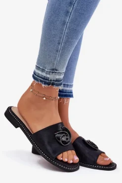 Online Damskie buty S.Barski Klapki Damskie Na Płaskim Obcasie Z Ozdobnym Detalem KV51-007 Czarne Czarny