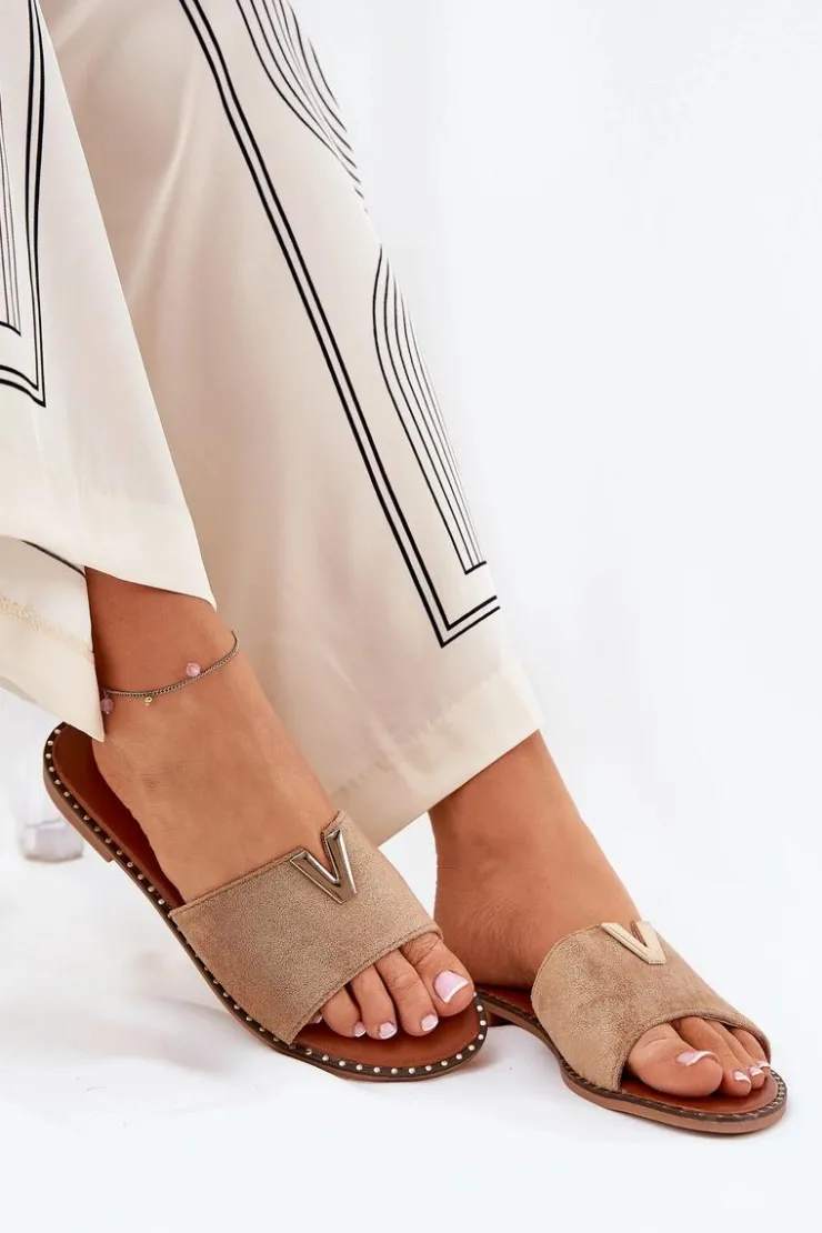 Boto Klapki Damskie Klasyczne*Klapki Damskie Na Płaskim Obcasie Z Ozdobnymi Detalami Khaki Saliena