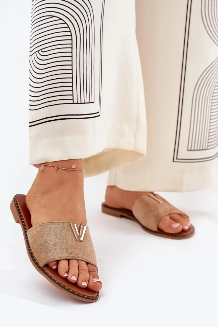 Boto Klapki Damskie Klasyczne*Klapki Damskie Na Płaskim Obcasie Z Ozdobnymi Detalami Khaki Saliena