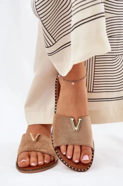 Boto Klapki Damskie Klasyczne*Klapki Damskie Na Płaskim Obcasie Z Ozdobnymi Detalami Khaki Saliena