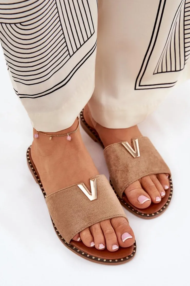 Boto Klapki Damskie Klasyczne*Klapki Damskie Na Płaskim Obcasie Z Ozdobnymi Detalami Khaki Saliena