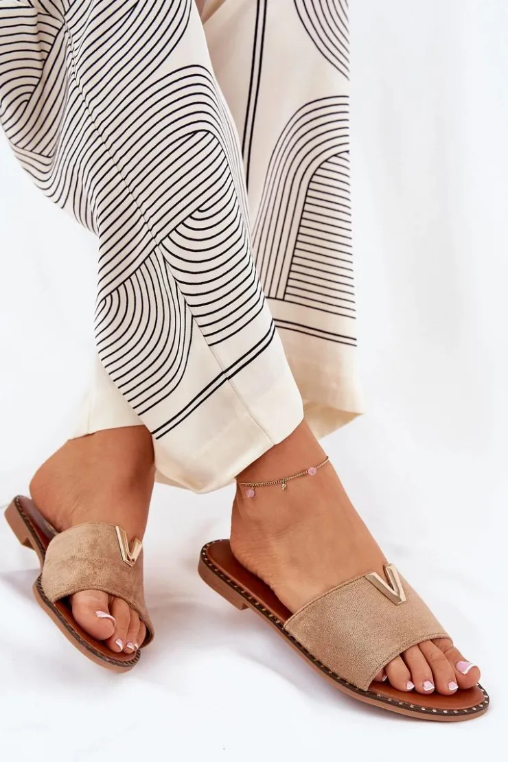 Boto Klapki Damskie Klasyczne*Klapki Damskie Na Płaskim Obcasie Z Ozdobnymi Detalami Khaki Saliena