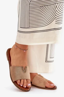 Boto Klapki Damskie Klasyczne*Klapki Damskie Na Płaskim Obcasie Z Ozdobnymi Detalami Khaki Saliena