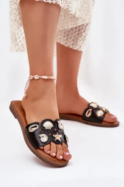 Boto Klapki Damskie Klasyczne*Klapki Damskie Na Płaskim Obcasie Ze Złotymi Przypinkami Czarne Nalothiel Czarny