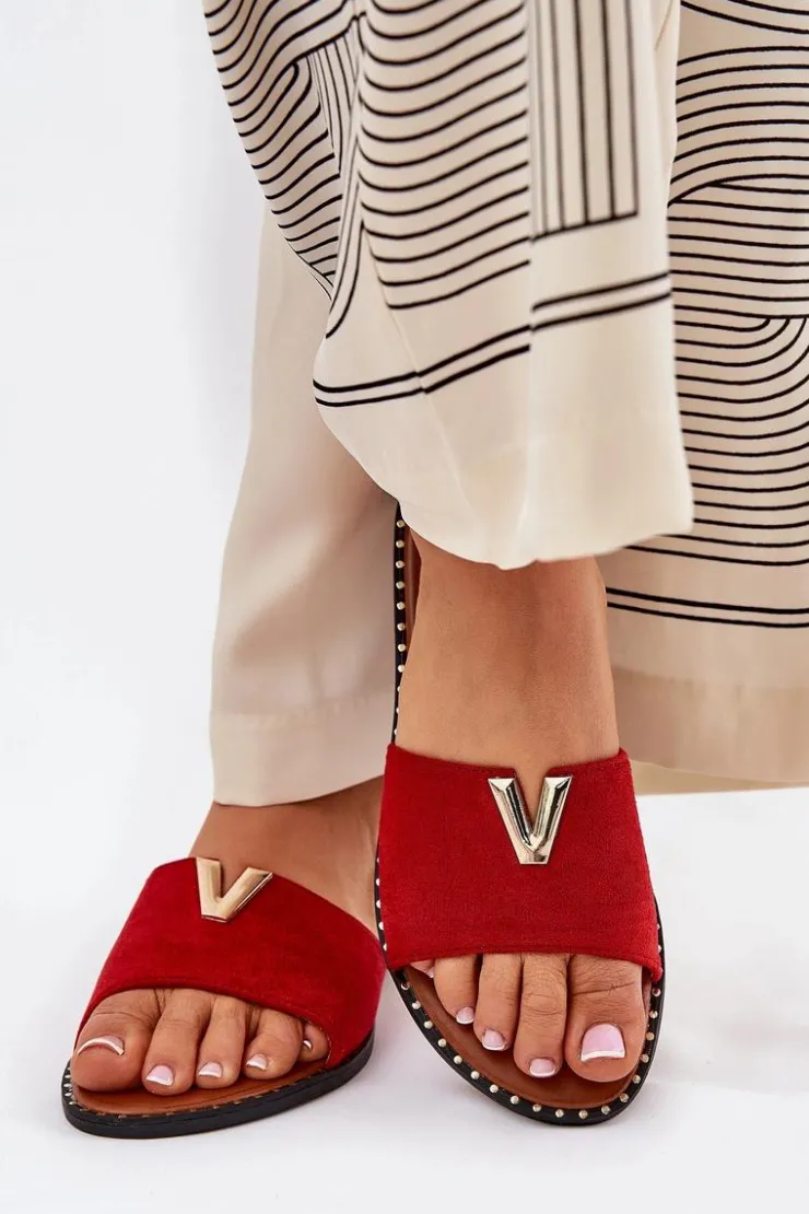 Hot Boto Klapki Damskie Na Płaskim Obcasie Z Ozdobnymi Detalami Czerwone Saliena
