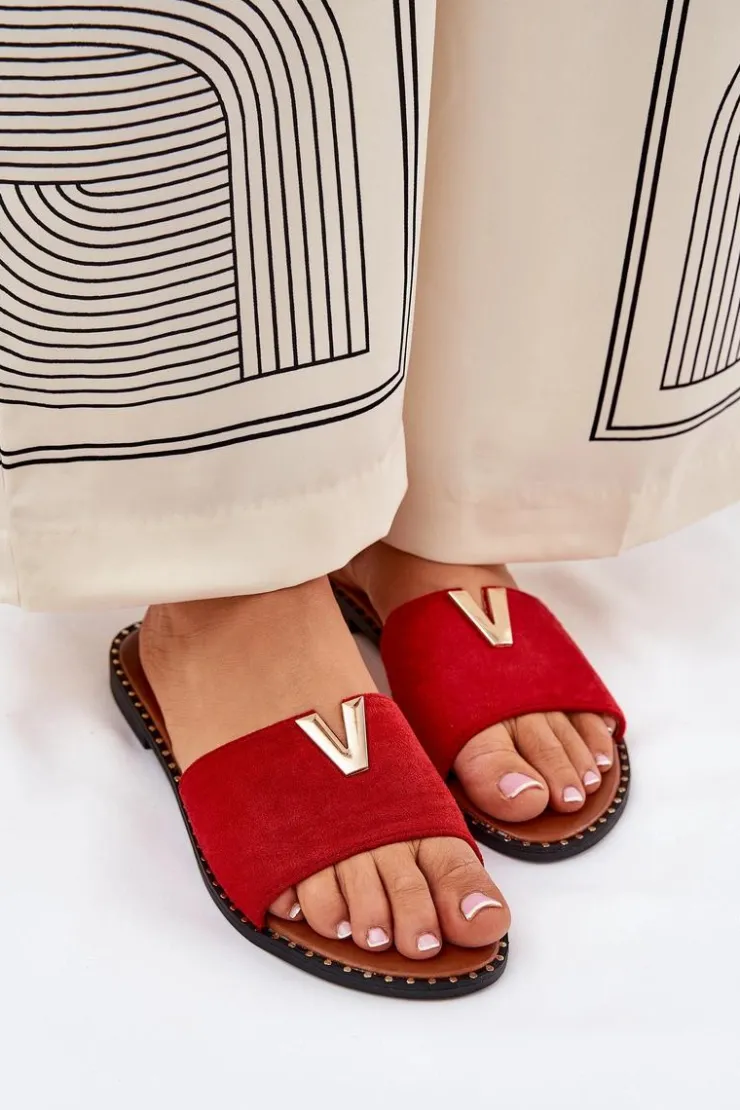 Hot Boto Klapki Damskie Na Płaskim Obcasie Z Ozdobnymi Detalami Czerwone Saliena