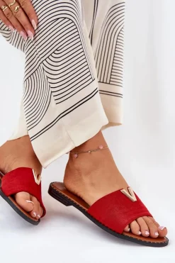 Hot Boto Klapki Damskie Na Płaskim Obcasie Z Ozdobnymi Detalami Czerwone Saliena