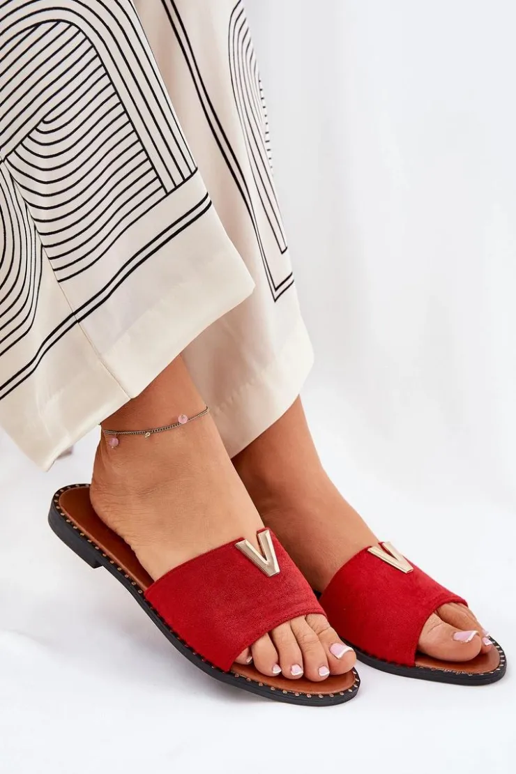 Hot Boto Klapki Damskie Na Płaskim Obcasie Z Ozdobnymi Detalami Czerwone Saliena