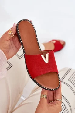 Hot Boto Klapki Damskie Na Płaskim Obcasie Z Ozdobnymi Detalami Czerwone Saliena