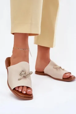 Evento Klapki Damskie Klasyczne*Klapki Damskie Na Płaskim Obcasie Z Ozdobnym Wiązaniem Beżowe Norela Beżowy