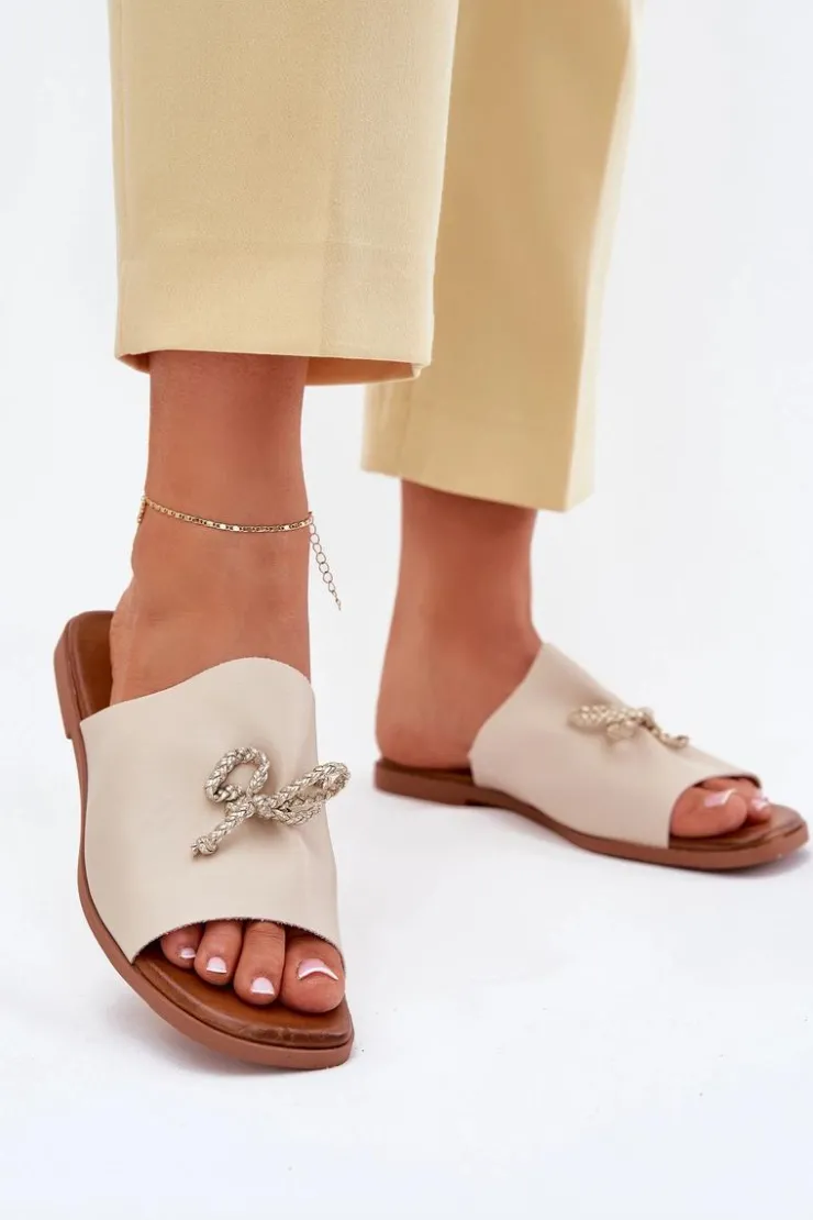 Evento Klapki Damskie Klasyczne*Klapki Damskie Na Płaskim Obcasie Z Ozdobnym Wiązaniem Beżowe Norela Beżowy
