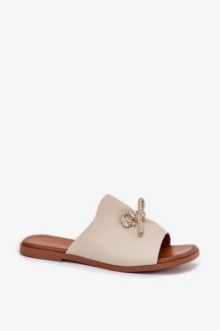 Evento Klapki Damskie Klasyczne*Klapki Damskie Na Płaskim Obcasie Z Ozdobnym Wiązaniem Beżowe Norela Beżowy
