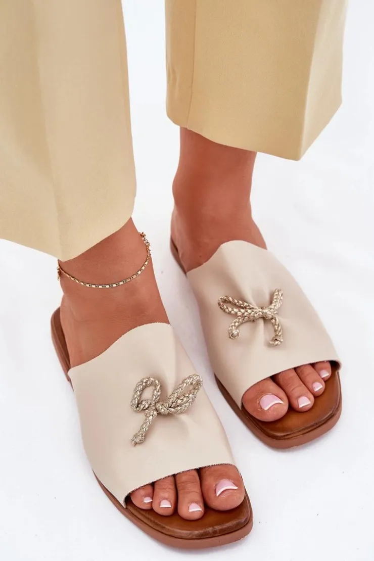 Evento Klapki Damskie Klasyczne*Klapki Damskie Na Płaskim Obcasie Z Ozdobnym Wiązaniem Beżowe Norela Beżowy