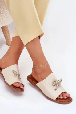 Evento Klapki Damskie Klasyczne*Klapki Damskie Na Płaskim Obcasie Z Ozdobnym Wiązaniem Beżowe Norela Beżowy