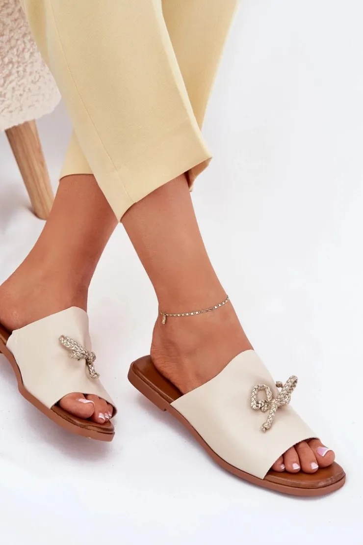 Evento Klapki Damskie Klasyczne*Klapki Damskie Na Płaskim Obcasie Z Ozdobnym Wiązaniem Beżowe Norela Beżowy