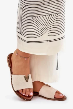 Damskie Boto Klapki Damskie Na Płaskim Obcasie Z Ozdobnymi Detalami Beżowe Saliena