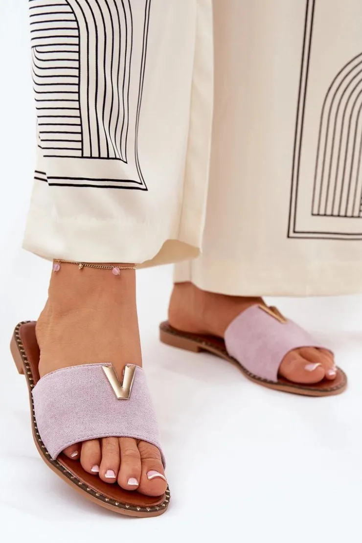 Damskie Boto Klapki Damskie Na Płaskim Obcasie Z Ozdobnymi Detalami Fioletowe Saliena