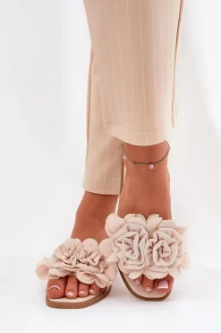 Outlet Boto Klapki Damskie Na Płaskim Obcasie Z Ozdobnymi Kwiatami Beżowe Misorsse