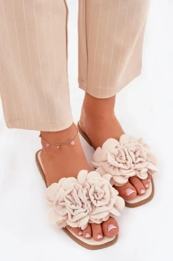 Outlet Boto Klapki Damskie Na Płaskim Obcasie Z Ozdobnymi Kwiatami Beżowe Misorsse