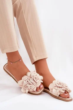 Outlet Boto Klapki Damskie Na Płaskim Obcasie Z Ozdobnymi Kwiatami Beżowe Misorsse