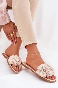 Outlet Boto Klapki Damskie Na Płaskim Obcasie Z Ozdobnymi Kwiatami Beżowe Misorsse