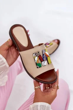 Boto Klapki Damskie Klasyczne*Klapki Damskie Na Płaskim Obcasie Z Ozdobą Złote Clelione Złoty