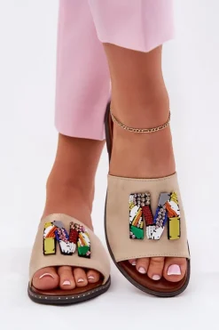 Boto Klapki Damskie Klasyczne*Klapki Damskie Na Płaskim Obcasie Z Ozdobą Złote Clelione Złoty