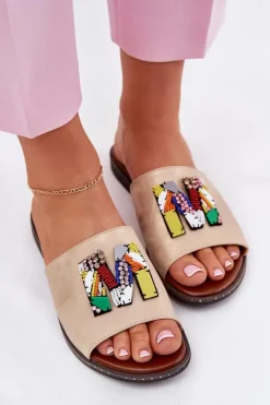 Boto Klapki Damskie Klasyczne*Klapki Damskie Na Płaskim Obcasie Z Ozdobą Złote Clelione Złoty