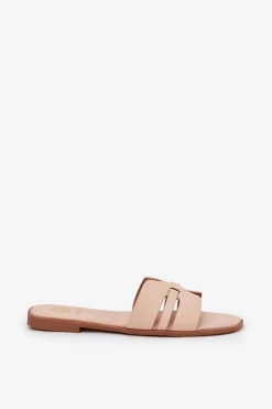 Damskie Boto Klapki Damskie Na Płaskim Obcasie Z Wycięciami Eko Skórzane Beżowe Ecapus