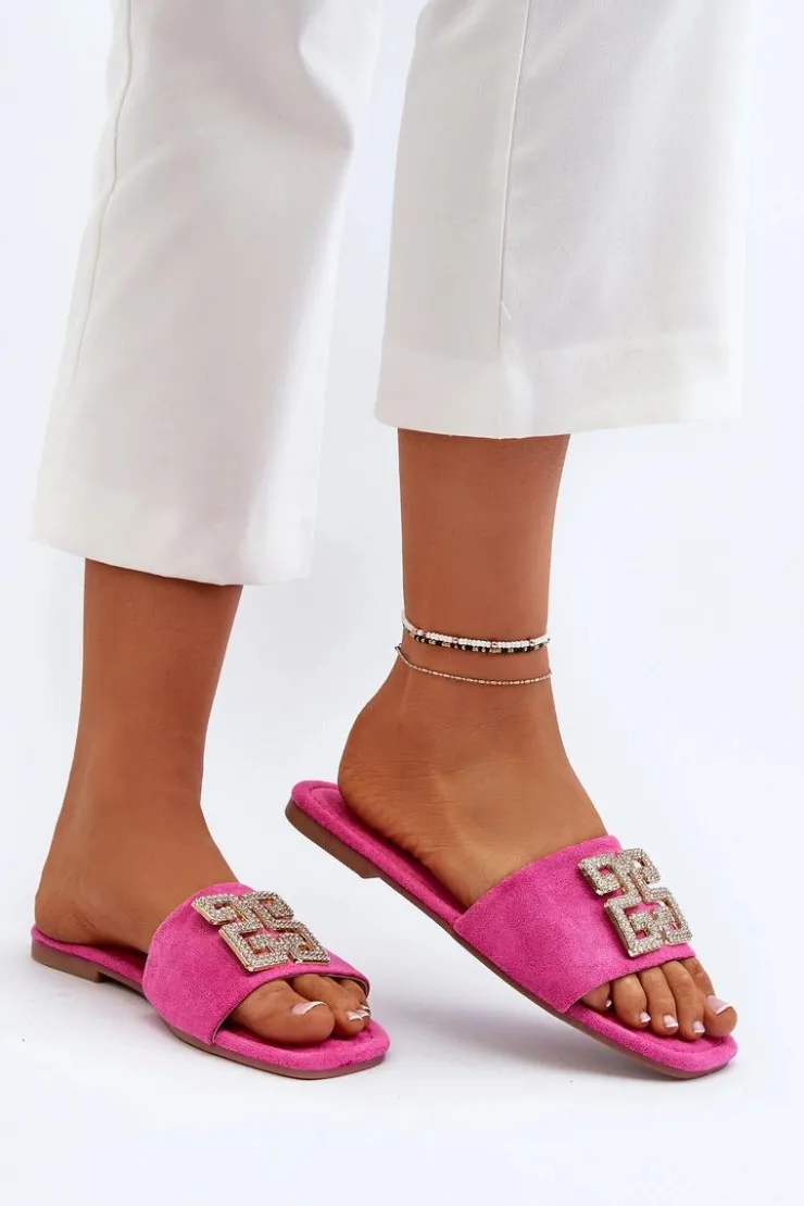 Boto Klapki Damskie Klasyczne*Klapki Damskie Na Płaskim Obcasie Z Ozdobą Fuksja Inaile