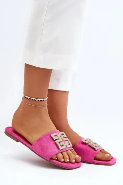 Boto Klapki Damskie Klasyczne*Klapki Damskie Na Płaskim Obcasie Z Ozdobą Fuksja Inaile