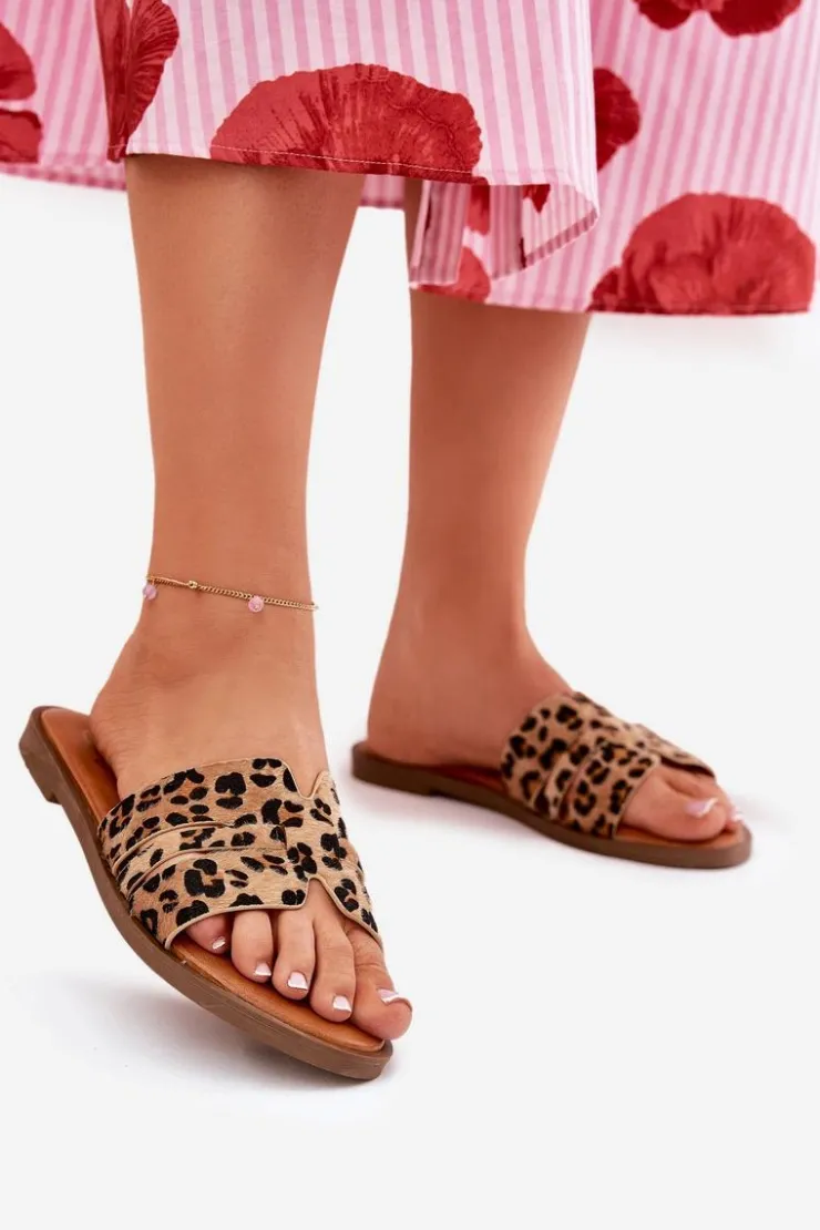 Damskie Boto Klapki Damskie Na Płaskim Obcasie Z Wycięciami Panterka Brązowe Teterre