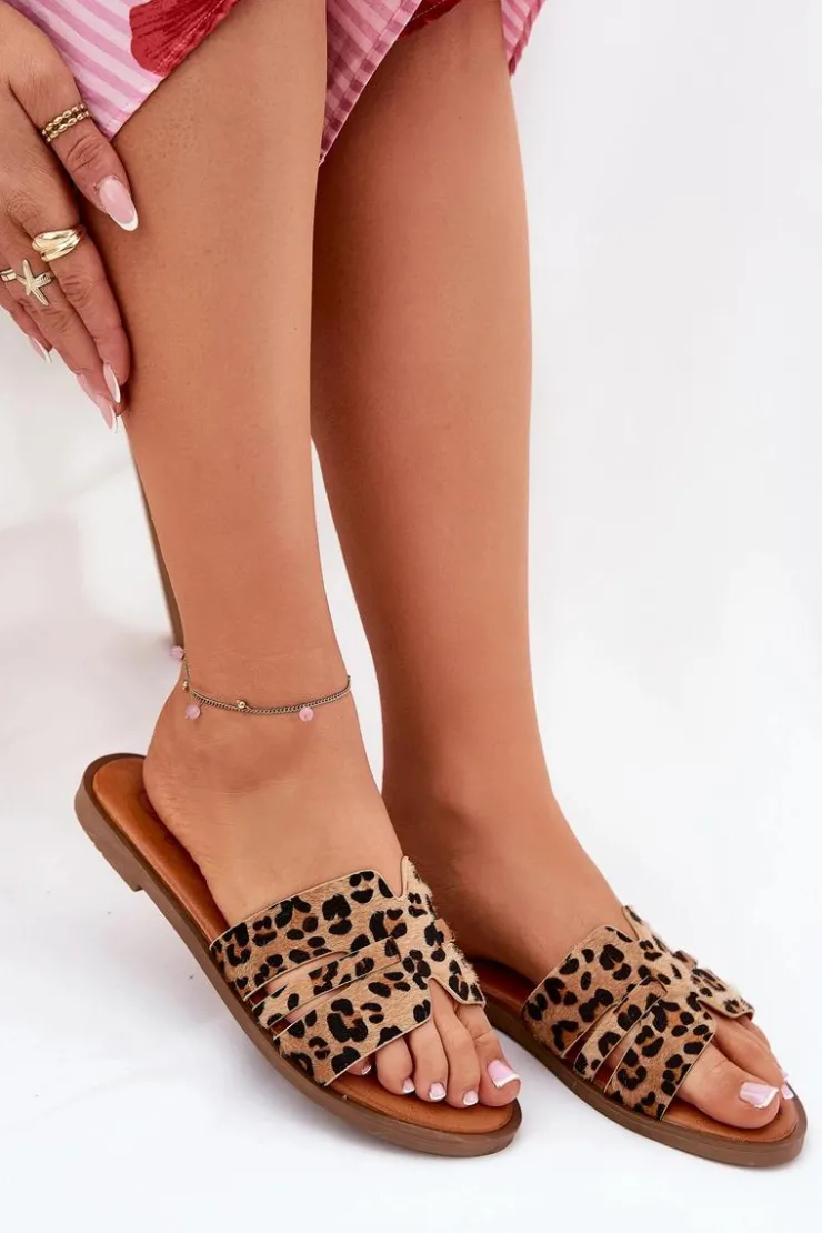 Damskie Boto Klapki Damskie Na Płaskim Obcasie Z Wycięciami Panterka Brązowe Teterre