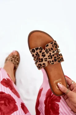 Damskie Boto Klapki Damskie Na Płaskim Obcasie Z Wycięciami Panterka Brązowe Teterre