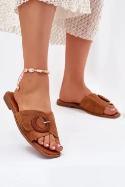 Outlet Boto Klapki Damskie Na Płaskim Obcasie Z Klamrą Camel Lanoni Brązowy