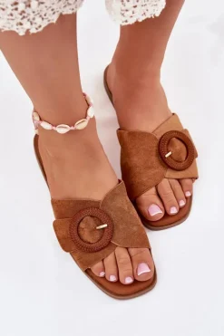 Outlet Boto Klapki Damskie Na Płaskim Obcasie Z Klamrą Camel Lanoni Brązowy