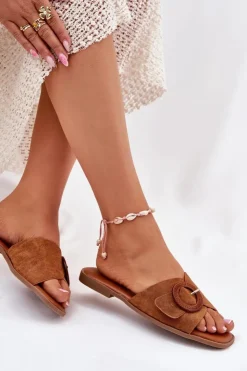 Outlet Boto Klapki Damskie Na Płaskim Obcasie Z Klamrą Camel Lanoni Brązowy